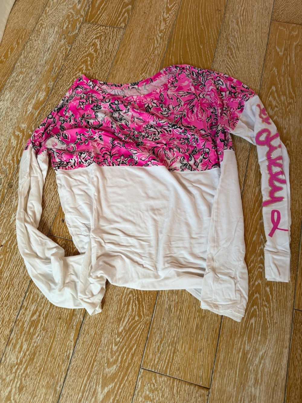 Lilly Pulitzer Breast Cancer Ribbon Pink Floral & White Long Sleeve Shirt